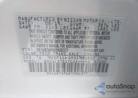 2019 Nissan Sentra S from USA, damaged, VIN 3N1AB7AP6KY406377